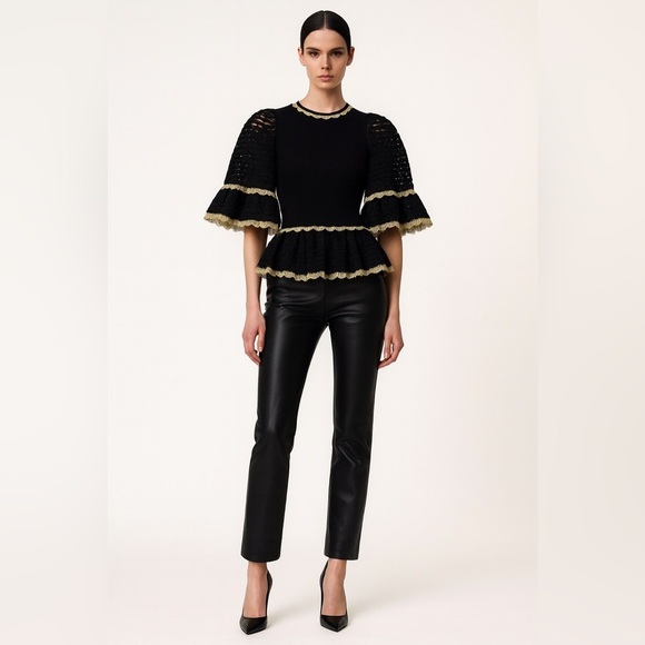 Alexander McQueen Tops - Alexander McQueen stretch black top w/open knit puff sleeves & gold lace trim. S